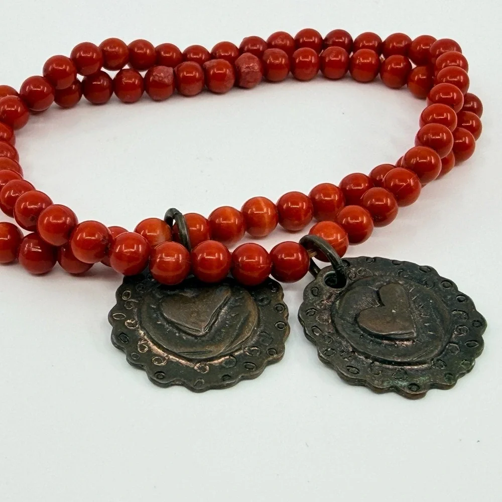 Vintage Red Beaded Double Strand Bracelet Bronze Heart Charms‎ Boho Artisan Y2K